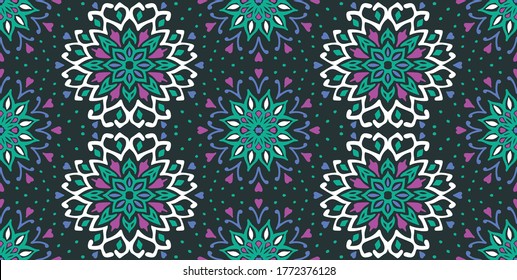 Patrón floral sin foco. Flores de doodle estilizadas. bordado étnico español. Ornamento popular. Señal solar. Impresión mediterránea. Tejidos indios orientales o turcos. Papel de la pared de Boho. Arte hipster.