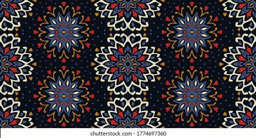 Seamless floral pattern. Stylized doodle flowers. Spanish ethnic embroidery. Folk ornament. Solar sign. Mediterranean print. Indian Oriental or Turkish textiles. Boho wallpaper. Hipster art.
