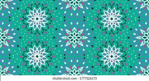 Seamless floral pattern. Stylized doodle flowers. Spanish ethnic embroidery. Folk ornament. Solar sign. Mediterranean print. Indian Oriental or Turkish textiles. Boho wallpaper. Hipster art.