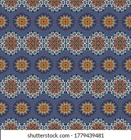 Seamless floral pattern. Stylized doodle flowers. Spanish ethnic embroidery. Folk ornament. Solar sign. Mediterranean print. Indian Oriental or Turkish textiles. Boho wallpaper. Hipster art.
