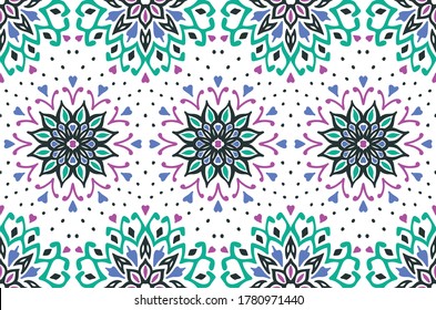 Seamless floral pattern. Stylized doodle flowers. Spanish ethnic embroidery. Folk ornament. Solar sign. Mediterranean print. Indian Oriental or Turkish textiles. Boho wallpaper. Hipster art.