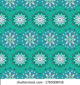 Seamless floral pattern. Stylized doodle flowers. Spanish ethnic embroidery. Folk ornament. Solar sign. Mediterranean print. Indian Oriental or Turkish textiles. Boho wallpaper. Hipster art.