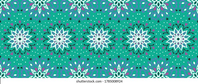 Seamless floral pattern. Stylized doodle flowers. Spanish ethnic embroidery. Folk ornament. Solar sign. Mediterranean print. Indian Oriental or Turkish textiles. Boho wallpaper. Hipster art.