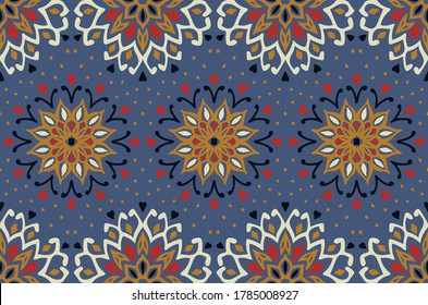 Seamless floral pattern. Stylized doodle flowers. Spanish ethnic embroidery. Folk ornament. Solar sign. Mediterranean print. Indian Oriental or Turkish textiles. Boho wallpaper. Hipster art.