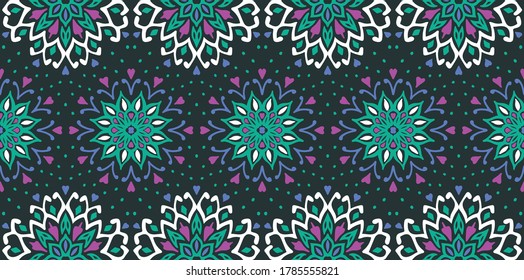 Seamless floral pattern. Stylized doodle flowers. Spanish ethnic embroidery. Folk ornament. Solar sign. Mediterranean print. Indian Oriental or Turkish textiles. Boho wallpaper. Hipster art.