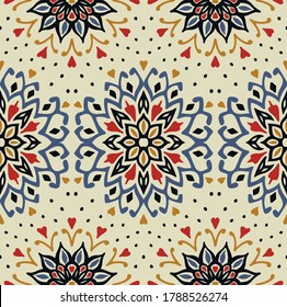 Patrón floral sin foco. Flores de doodle estilizadas. bordado étnico español. Ornamento popular. Señal solar. Impresión mediterránea. Tejidos indios orientales o turcos. Papel de la pared de Boho. Arte hipster.