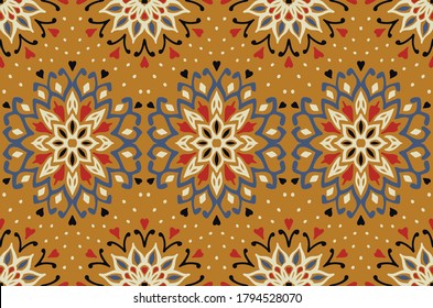 Seamless floral pattern. Stylized doodle flowers. Spanish ethnic embroidery. Folk ornament. Solar sign. Mediterranean print. Indian Oriental or Turkish textiles. Boho wallpaper. Hipster art.
