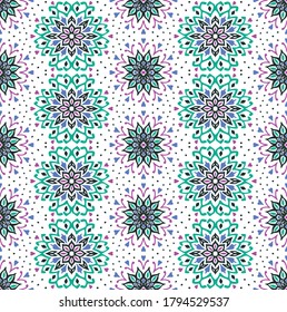 Seamless floral pattern. Stylized doodle flowers. Spanish ethnic embroidery. Folk ornament. Solar sign. Mediterranean print. Indian Oriental or Turkish textiles. Boho wallpaper. Hipster art.