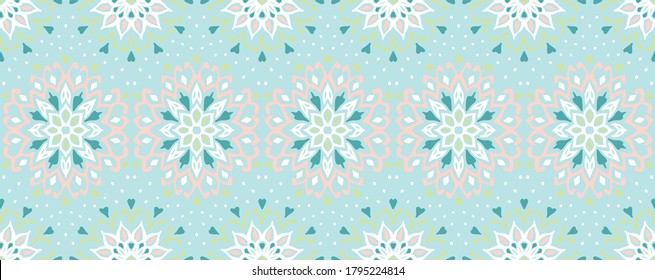 Seamless floral pattern. Stylized doodle flowers. Spanish ethnic embroidery. Folk ornament. Solar sign. Mediterranean print. Indian Oriental or Turkish textiles. Boho wallpaper. Hipster art.