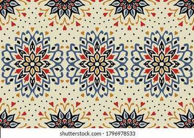 Seamless floral pattern. Stylized doodle flowers. Spanish ethnic embroidery. Folk ornament. Solar sign. Mediterranean print. Indian Oriental or Turkish textiles. Boho wallpaper. Hipster art.