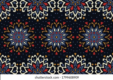 Patrón floral sin foco. Flores de doodle estilizadas. bordado étnico español. Ornamento popular. Señal solar. Impresión mediterránea. Tejidos indios orientales o turcos. Papel de la pared de Boho. Arte hipster.