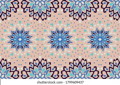 Nahtlose Blumenmuster. Stilvolle Doodle-Blumen. Spanische ethnische Stickerei. Folkloreverzierung. Sonnenzeichen. Mittelmeerdruck. indische orientalische oder türkische Textilien. Boho Tapete. Hipster Art.