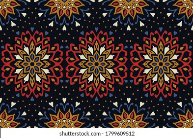 Seamless floral pattern. Stylized doodle flowers. Spanish ethnic embroidery. Folk ornament. Solar sign. Mediterranean print. Indian Oriental or Turkish textiles. Boho wallpaper. Hipster art.