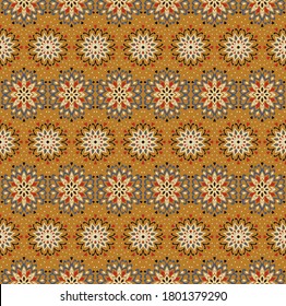 Seamless floral pattern. Stylized doodle flowers. Spanish ethnic embroidery. Folk ornament. Solar sign. Mediterranean print. Indian Oriental or Turkish textiles. Boho wallpaper. Hipster art.
