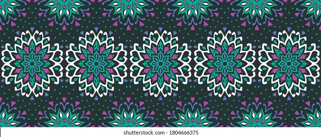 Seamless floral pattern. Stylized doodle flowers. Spanish ethnic embroidery. Folk ornament. Solar sign. Mediterranean print. Indian Oriental or Turkish textiles. Boho wallpaper. Hipster art.
