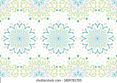 Seamless floral pattern. Stylized doodle flowers. Spanish ethnic embroidery. Folk ornament. Solar sign. Mediterranean print. Indian Oriental or Turkish textiles. Boho wallpaper. Hipster art.
