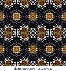 Patrón floral sin foco. Flores de doodle estilizadas. bordado étnico español. Ornamento popular. Señal solar. Impresión mediterránea. Tejidos indios orientales o turcos. Papel de la pared de Boho. Arte hipster.