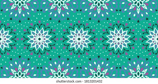 Seamless floral pattern. Stylized doodle flowers. Spanish ethnic embroidery. Folk ornament. Solar sign. Mediterranean print. Indian Oriental or Turkish textiles. Boho wallpaper. Hipster art.