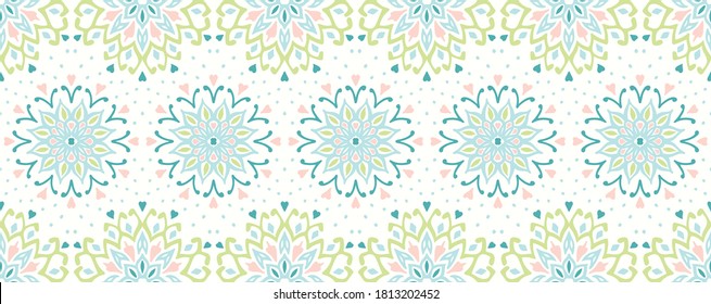 Seamless floral pattern. Stylized doodle flowers. Spanish ethnic embroidery. Folk ornament. Solar sign. Mediterranean print. Indian Oriental or Turkish textiles. Boho wallpaper. Hipster art.