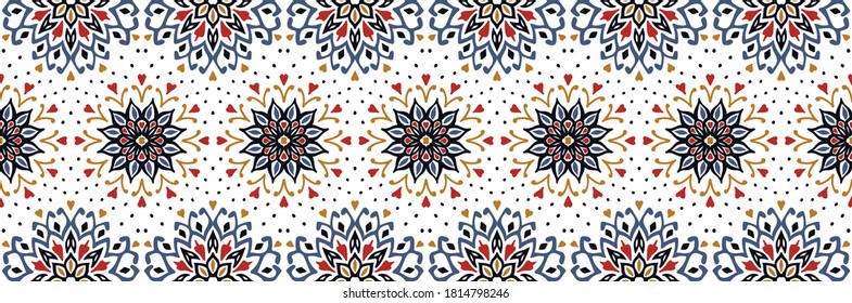 Seamless floral pattern. Stylized doodle flowers. Spanish ethnic embroidery. Folk ornament. Solar sign. Mediterranean print. Indian Oriental or Turkish textiles. Boho wallpaper. Hipster art.