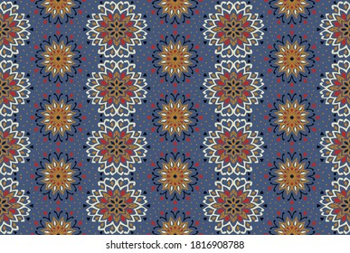 Seamless floral pattern. Stylized doodle flowers. Spanish ethnic embroidery. Folk ornament. Solar sign. Mediterranean print. Indian Oriental or Turkish textiles. Boho wallpaper. Hipster art.