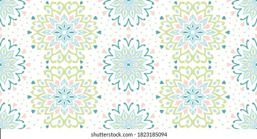 Seamless floral pattern. Stylized doodle flowers. Spanish ethnic embroidery. Folk ornament. Solar sign. Mediterranean print. Indian Oriental or Turkish textiles. Boho wallpaper. Hipster art.