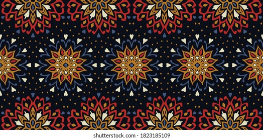 Nahtlose Blumenmuster. Stilvolle Doodle-Blumen. Spanische ethnische Stickerei. Folkloreverzierung. Sonnenzeichen. Mittelmeerdruck. indische orientalische oder türkische Textilien. Boho Tapete. Hipster Art.