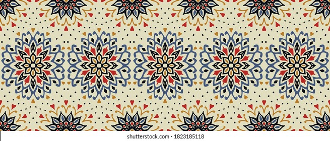 Nahtlose Blumenmuster. Stilvolle Doodle-Blumen. Spanische ethnische Stickerei. Folkloreverzierung. Sonnenzeichen. Mittelmeerdruck. indische orientalische oder türkische Textilien. Boho Tapete. Hipster Art.