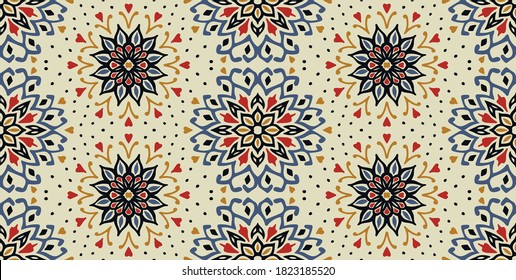 Patrón floral sin foco. Flores de doodle estilizadas. bordado étnico español. Ornamento popular. Señal solar. Impresión mediterránea. Tejidos indios orientales o turcos. Papel de la pared de Boho. Arte hipster.