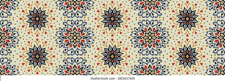Seamless floral pattern. Stylized doodle flowers. Spanish ethnic embroidery. Folk ornament. Solar sign. Mediterranean print. Indian Oriental or Turkish textiles. Boho wallpaper. Hipster art.