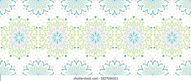 Seamless floral pattern. Stylized doodle flowers. Spanish ethnic embroidery. Folk ornament. Solar sign. Mediterranean print. Indian Oriental or Turkish textiles. Boho wallpaper. Hipster art.