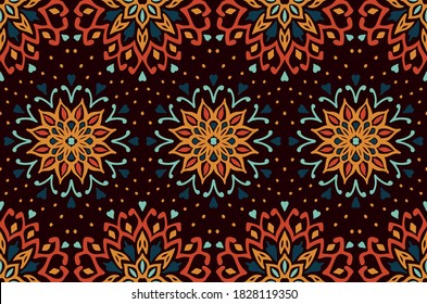 Seamless floral pattern. Stylized doodle flowers. Spanish ethnic embroidery. Folk ornament. Solar sign. Mediterranean print. Indian Oriental or Turkish textiles. Boho wallpaper. Hipster art.