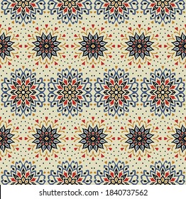 Seamless floral pattern. Stylized doodle flowers. Spanish ethnic embroidery. Folk ornament. Solar sign. Mediterranean print. Indian Oriental or Turkish textiles. Boho wallpaper. Hipster art.