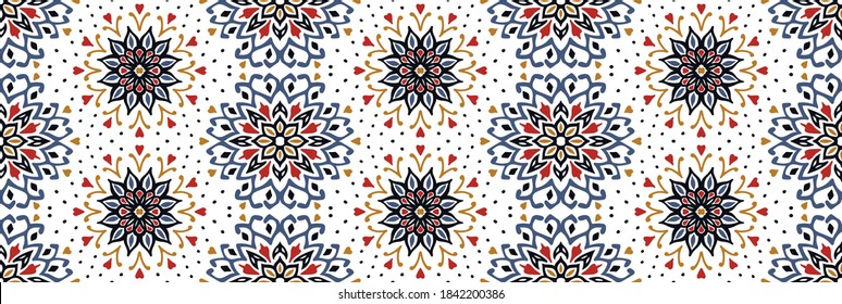 Seamless floral pattern. Stylized doodle flowers. Spanish ethnic embroidery. Folk ornament. Solar sign. Mediterranean print. Indian Oriental or Turkish textiles. Boho wallpaper. Hipster art.