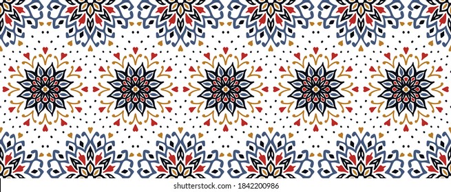 Patrón floral sin foco. Flores de doodle estilizadas. bordado étnico español. Ornamento popular. Señal solar. Impresión mediterránea. Tejidos indios orientales o turcos. Papel de la pared de Boho. Arte hipster.