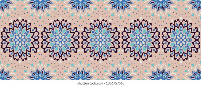 Seamless floral pattern. Stylized doodle flowers. Spanish ethnic embroidery. Folk ornament. Solar sign. Mediterranean print. Indian Oriental or Turkish textiles. Boho wallpaper. Hipster art.