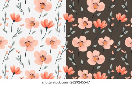 Seamless floral pattern with stylized flower buds and elegant leaves arranged in a symmetrical, repeating design. Suitable for fabric design, wallpaper, wrapping paper, and digital backgrounds
