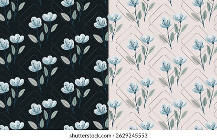 Seamless floral pattern with stylized flower buds and elegant leaves arranged in a symmetrical, repeating design. Suitable for fabric design, wallpaper, wrapping paper, and digital backgrounds