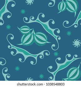 Seamless floral pattern with stylized flowers, fruits and leaves. Vector.