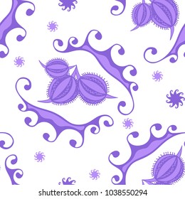 Seamless floral pattern with stylized flowers, nuts and leaves on a white background. Vector.