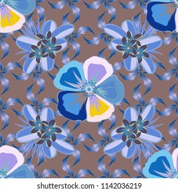 Seamless floral pattern with stylized flowers in blue, brown and yellow colors. Vector illustration.