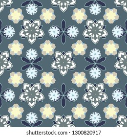 Seamless floral pattern with stylized flowers in green, violet and beige colors. Vector illustration.
