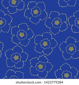 Seamless floral pattern with stylized flowers. Hand drawn art. Linear yellow silhouettes on blue background.