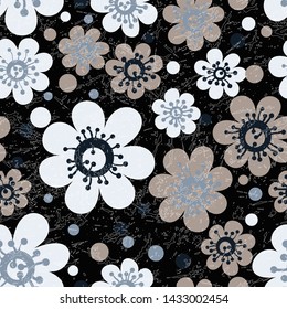 Seamless floral pattern. Stylized flowers are randomly arranged on a dark background. Print for textiles. Vector illustration.