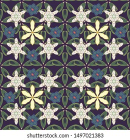 Seamless floral pattern with stylized flowers in green, violet and beige colors. Vector illustration.