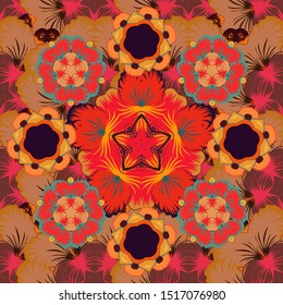 Seamless floral pattern with stylized flowers in orange, brown and red colors. Vector illustration.