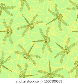 Seamless floral pattern. Stylized flowers and dragonflies are randomly arranged on a green background. Print for textile and paper. Vector illustration.