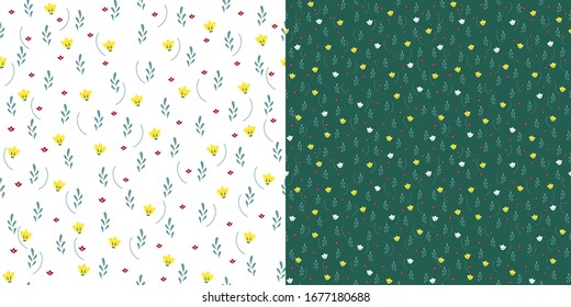 Diseño floral impecable con flores estilizadas, hojas sobre un fondo verde y blanco. Vector 