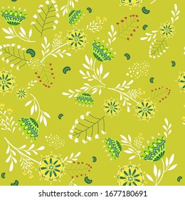 Seamless floral pattern with stylized flowers, leaves on a green background. Doodle, vector plants 