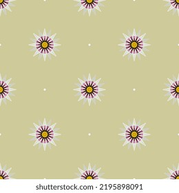 Seamless floral pattern with stylized flowers. Polka dot with gazania blossom. Round botanical mandala. African daisy or aster. On pale yellow background.